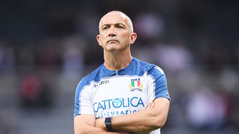 Conor O'Shea head coach of Italy looks on prior to the 2019 Quilter International match between England and Italy at St James' Park on September 06, 2019 in Newcastle upon Tyne, England