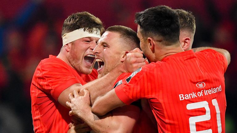 9 November 2019; Andrew Conway of Munster celebrates after scoring his side's third try with team-mates Jack O...Donoghue and Conor Murray during the Guinness PRO14 Round 6 match between Munster and Ulster at Thomond Park in Limerick. Photo by Brendan Moran/Sportsfile