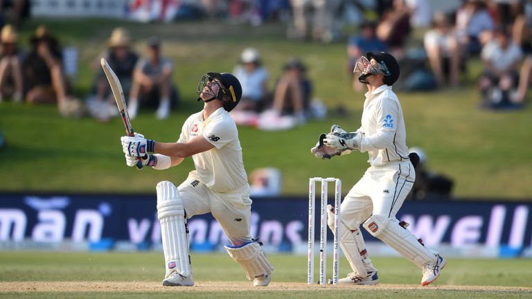 England's Rory Burns holes out off Mitchell Santner during the first Test against New Zealand