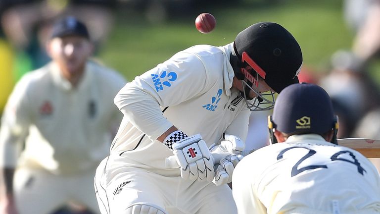 New Zealand's Henry Nicholls is struck on the helmet by Jofra Archer