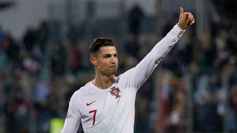 Cristiano Ronaldo #7 of Portugal thanks the fans after the UEFA Euro 2020 Qualifier between Luxembourg and Portugal on November 17, 2019 in Luxembourg, Luxembourg. 