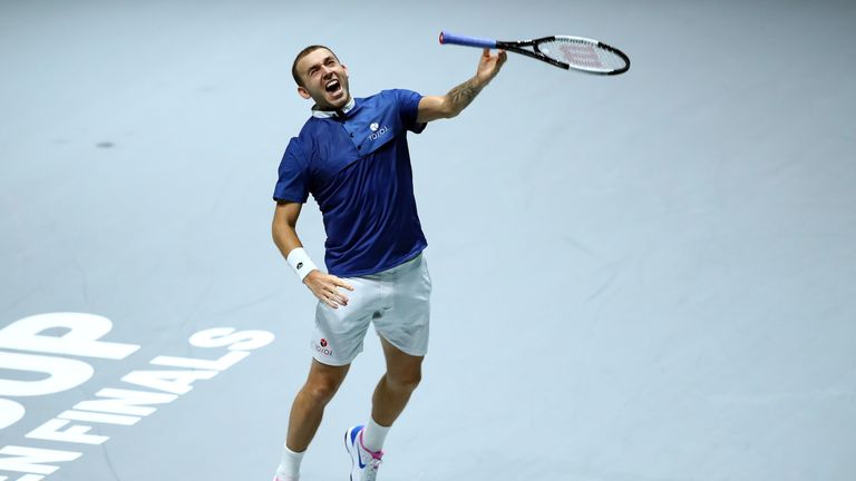 Dan Evans of Great Britain reacts to winning his quarter final match against Jan-Lennard Struff of Germany on Day Five of the 2019 Davis Cup at La Caja Magica on November 22, 2019 in Madrid, Spain.