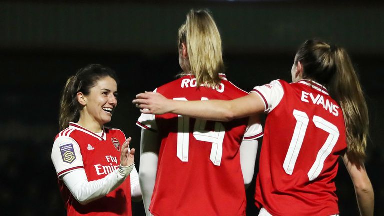Danielle Van De Donk celebrates with team-mates Jill Roord and Lisa Evans after scoring Arsenal's sixth goal vs Slavia Prague