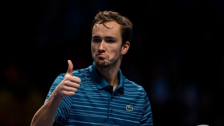 Daniil Medvedev of Russia gestures to his team during his match against Rafael Nadal of Spain during Day Four of the Nitto ATP World Tour Finals at The O2 Arena on November 13, 2019 in London, England.