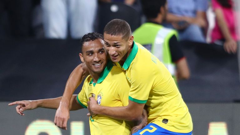 Richarlison congratulates Danilo on his goal for Brazil