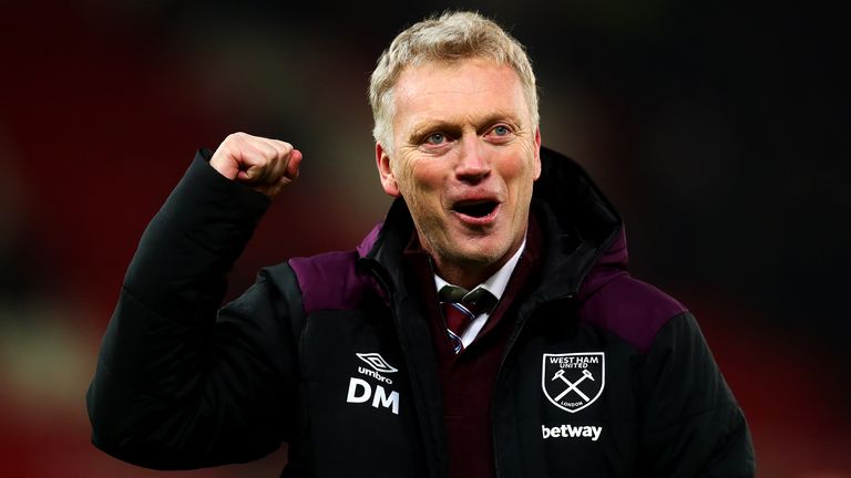 West Ham United manager David Moyes celebrates at full-time following the Premier League match between Stoke City and West Ham United at Bet365 Stadium on December 16, 2017