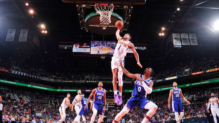 Devin Booker of the Phoenix Suns goes up for against a dunk against the Philadelphia 76ers