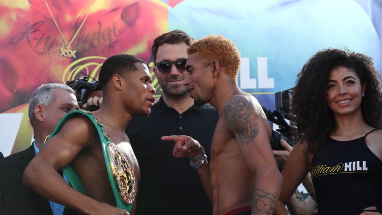 Devin Haney and Alfredo Santiago pose after weighing in 