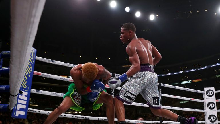 WBC lightweight champion Devin Haney and Alfredo Santiago during their bout at the Staples Center in Los Angeles, CA.