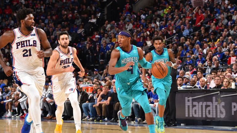Devonte&#39; Graham of the Charlotte Hornets handles the ball against the Philadelphia 76ers