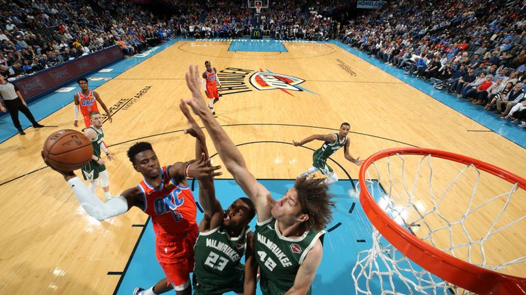 Hamidou Diallo of the Oklahoma City Thunder drives to the basket against the Milwaukee Bucks