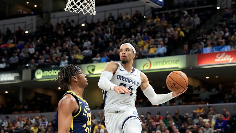 Dillon Brooks #24 of the Memphis Grizzlies passes the ball against the Indiana Pacers at Bankers Life Fieldhouse on November 25, 2019 in Indianapolis, Indiana. 