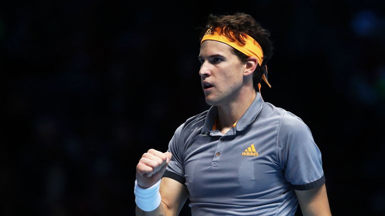 Dominic Thiem of Austria celebrates a point in his singles match against Roger Federer of Switzerland during Day One of the Nitto ATP World Tour Finals at The O2 Arena on November 10, 2019 in London, England.