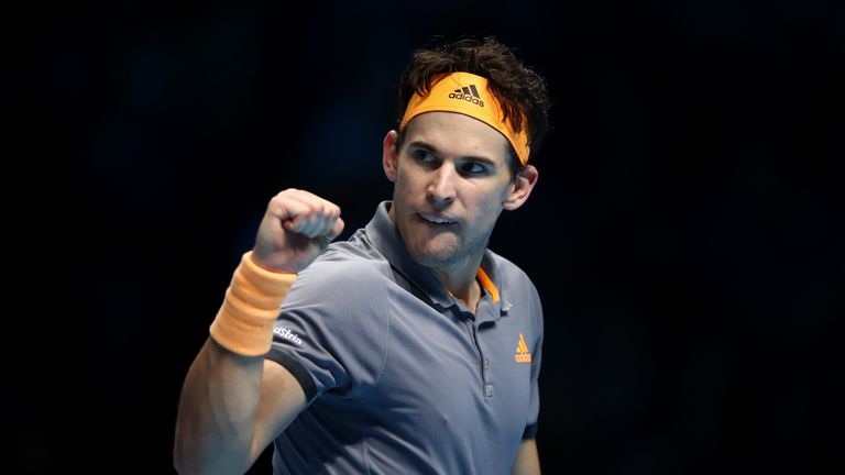 Dominic Thiem of Austria celebrates in his singles match against Novak Djokovic of Serbia during Day Three of the Nitto ATP World Tour Finals at The O2 Arena on November 12, 2019 in London, England