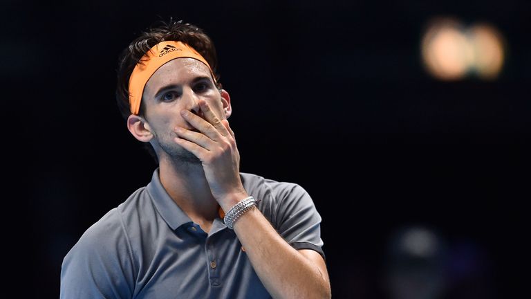 Dominic Thiem reacts against Greece's Stefanos Tsitsipas during the men's singles final match on day eight of the ATP World Tour Finals tennis tournament at the O2 Arena in London on November 17, 2019.
