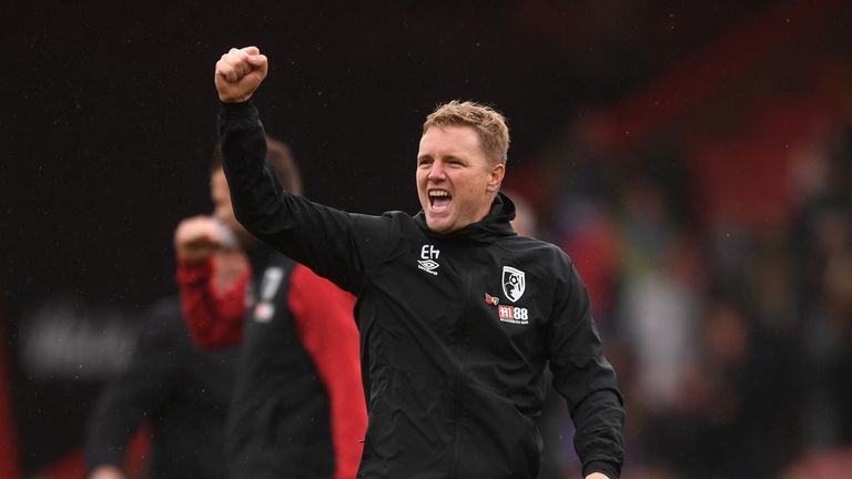 Eddie Howe celebrates Bournemouth's Premier League win against Manchester United