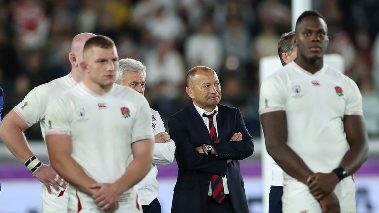 England head coach Eddie Jones and his players look dejected Rugby World Cup 2019 final loss to South Africa