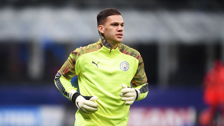 Ederson warms up ahead of the UEFA Champions League group C match between Atalanta and Manchester City