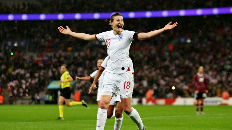 Ellen White celebrates her equaliser during the International Friendly vs Germany Women at Wembley Stadium