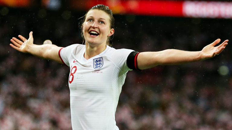 Ellen White celebrates her equaliser during the International Friendly vs Germany Women at Wembley Stadium