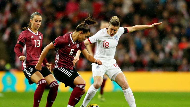 England's Ellen White and Lena Oberdorf of Germany in action at Wembley Stadium