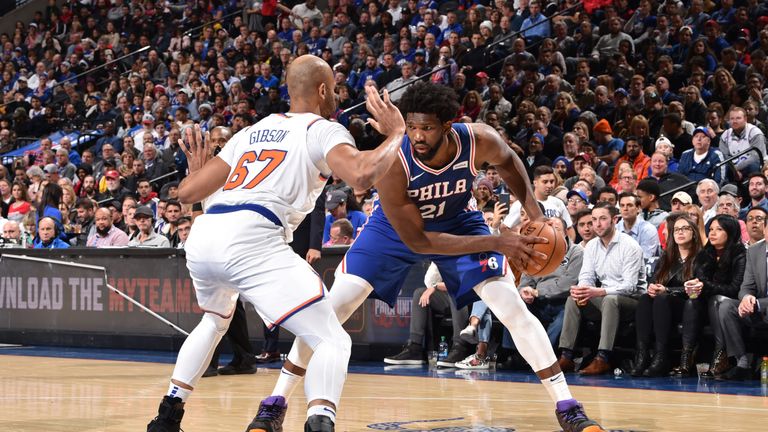 Joel Embiid of the Philadelphia 76ers handles the ball against the New York Knicks