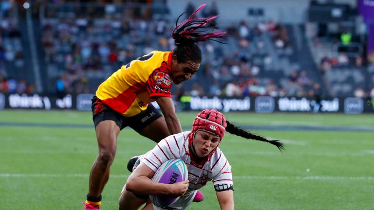 Emily Rudge goes over to score. England v PNG women. Day 1 of the Rugby League World Cup 9s, Bankwest Stadium, Sydney, Australia, 18th October 2019. Copyright Photo: David Neilson / www.photosport.nz