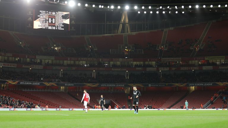 View of empty seats at the Emirates Stadium as England lost 2-1 to Eintracht Frankfurt in the Europa League