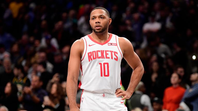 Eric Gordon #10 of the Houston Rockets looks on against the Brooklyn Nets at Barclays Center on November 01, 2019 in New York City. 