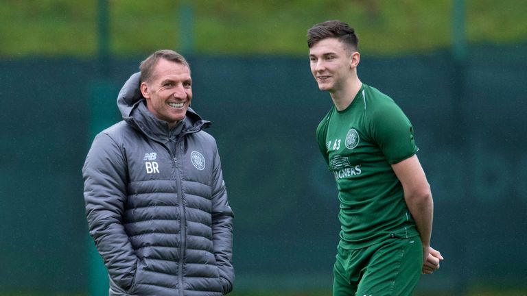 Brendan Rodgers and Kieran Tierney during Celtic training in 2018