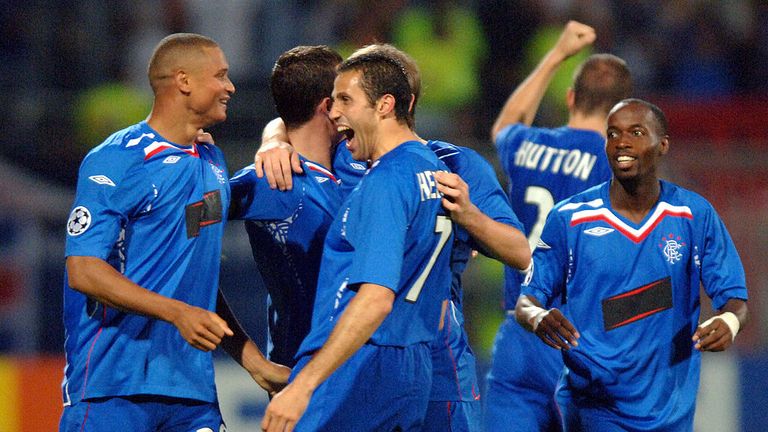 Rangers celebrate winning 3-0 at Lyon in the Champions League in 2007