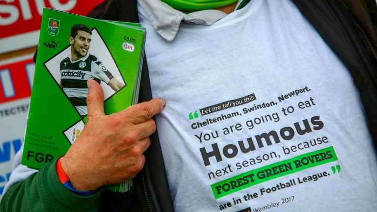 Forest Green Rovers shirt saying 'You are going to eat Houmous'