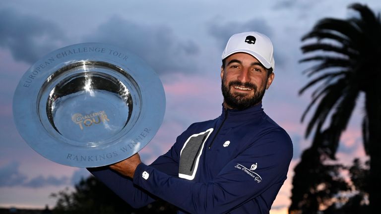Francesco Laporta of Italy poses with the trophy during day 4 of the Challenge Tour Grand Final at Club de Golf Alcanada 