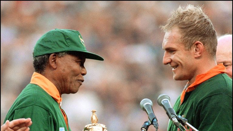 Francois Pienaar was presented with the Webb Ellis Cup by Nelson Mandela in 1995