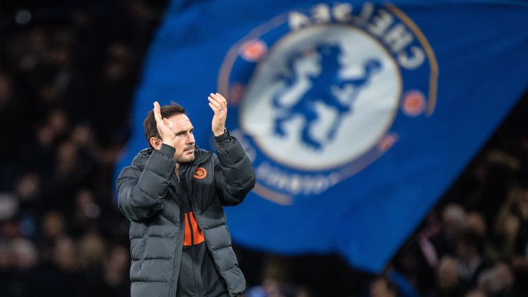 Frank Lampard applauds fans during the UEFA Champions League, group H match between Chelsea and Ajax at Stamford Bridge on November 5, 2019