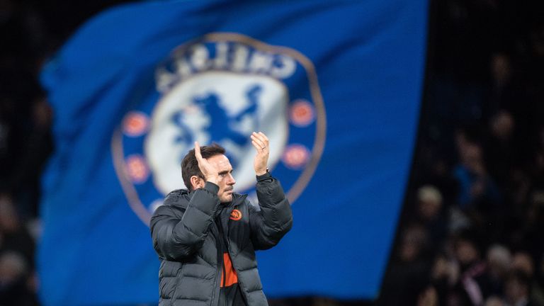 Frank Lampard applauds fans during the UEFA Champions League, group H match between Chelsea and Ajax at Stamford Bridge on November 5, 2019