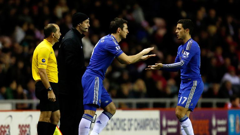 SUNDERLAND, ENGLAND - DECEMBER 8: Frank Lampard comes on for team mate Eden Hazard of Chelsea during the Barclays Premier League match between Sunderland and Chelsea at the Stadium of Light on December 8, 2012, in Sunderland, England. (Photo by Paul Thomas/Getty Images)