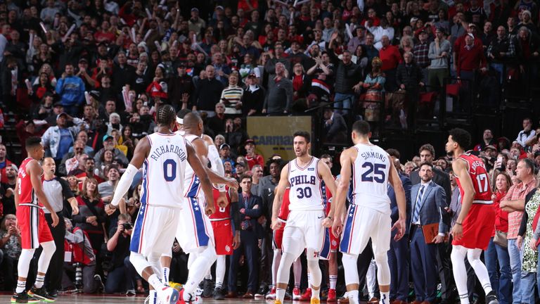Furkan Korkmaz of the Philadelphia 76ers reacts to his game-winning three against the Portland Trail Blazers