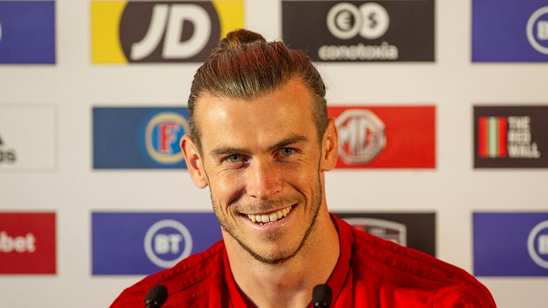 Gareth Bale of Wales speaks during the Wales Press Conference at The Vale Resort on October 12, 2019 in Cardiff, Wales. 