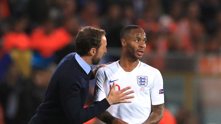 Gareth Southgate speaks to Raheem Sterling during the Nations League Semi-Final in June