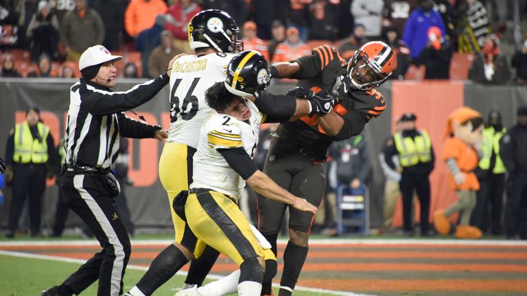 Myles Garrett hits Mason Rudolph with his own helmet as the Cleveland Browns faced the Pittsburgh Steelers.