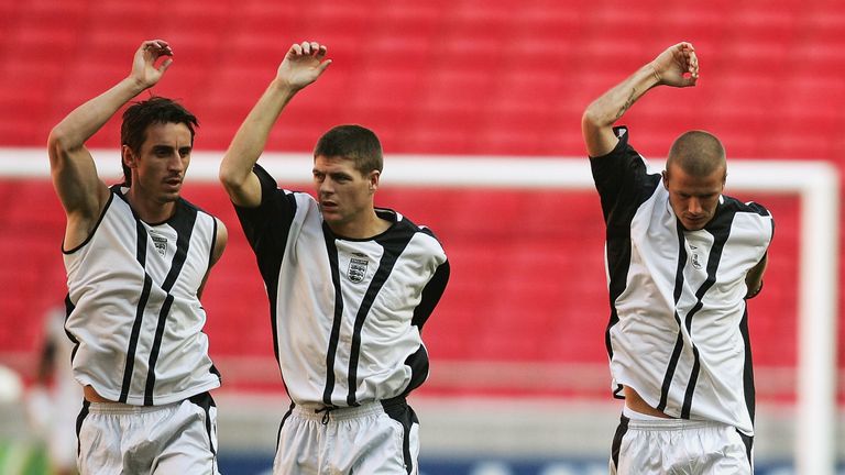 Gary Neville, Steven Gerrard, and David Beckham in England training in 2004