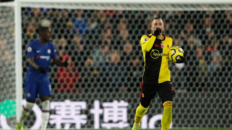 Gerard Deulofeu celebrates scoring from the penalty spot after play is delayed for a VAR check