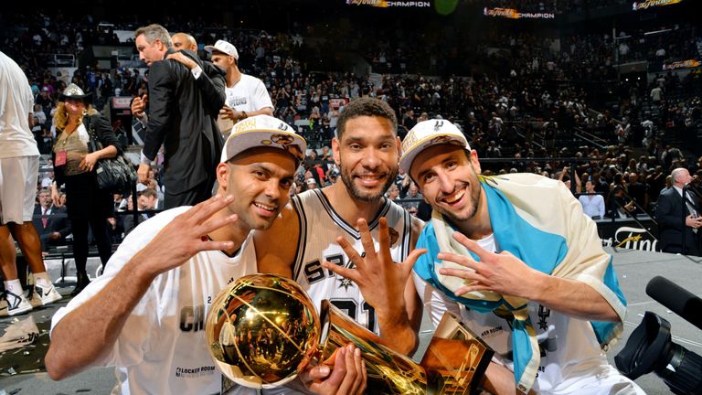 Tony Parker, Tim Duncan and Manu Ginobili celebrate their fourth title together in 2014.