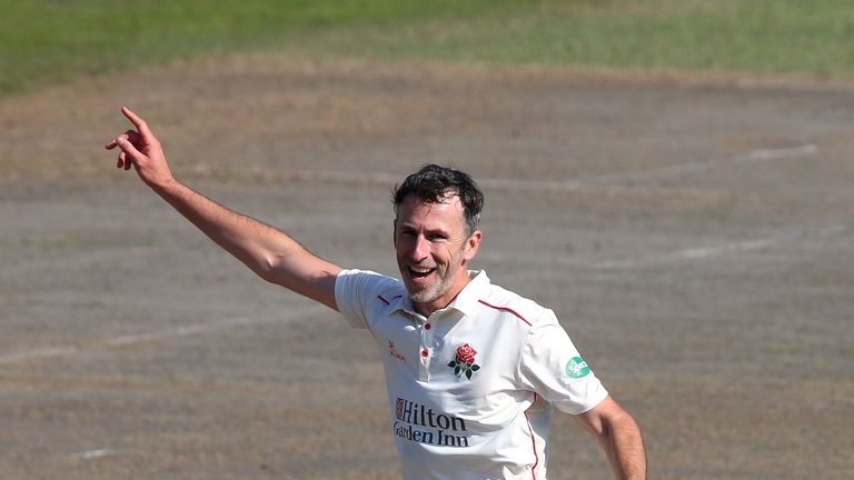 Graham Onions of Lancashire celebrates taking the wicket of Sam Robson of Middlesex for LBW during the Specsavers County Championship Division Two match between Lancashire and Middlesex at Emirates Old Trafford on September 19, 2019 in Manchester, England.