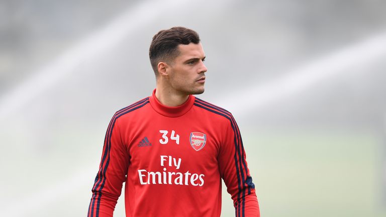 Granit Xhaka of Arsenal during a training session at London Colney on August 31, 2019 in St Albans, England
