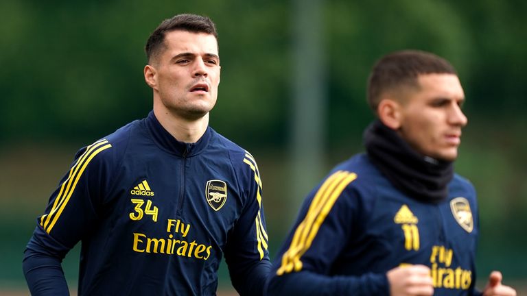 Arsenal's Granit Xhaka and Lucas Torreira during the training session at London Colney
