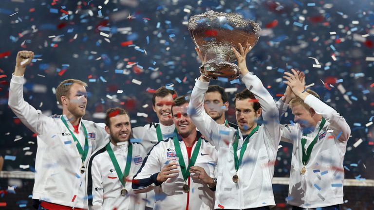 Great Britain celebrate Davis Cup victory with trophy in 2015