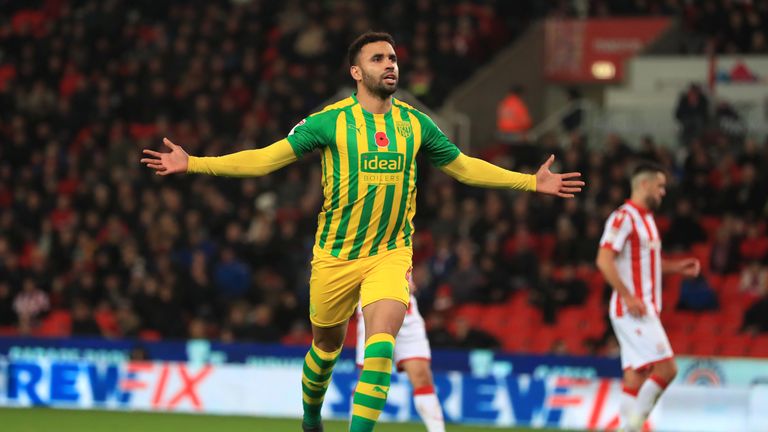 West Bromwich Albion's Hal Robson-Kanu celebrates scoring his side's second goal of the game during the Sky Bet Championship match at the bet365 Stadium, Stoke.