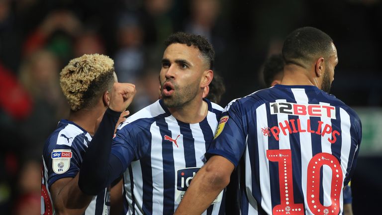 West Bromwich Albion's Hal Robson-Kanu celebrates scoring the first goal during the Sky Bet Championship match at The Hawthorns, West Bromwich. PA Photo. Picture date: Saturday November 23, 2019. See PA story SOCCER West Brom. Photo credit should read: Mike Egerton/PA Wire. RESTRICTIONS: EDITORIAL USE ONLY No use with unauthorised audio, video, data, fixture lists, club/league logos or "live" services. Online in-match use limited to 120 images, no video emulation. No use in betting, games or single club/league/player publications. 